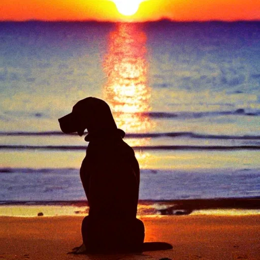 A dog on the beach watching a sunset, Water Color