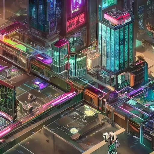 a realistic image of a cyberpunk style city in which robotic squirrels live