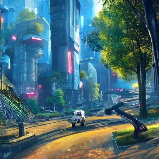 a realistic image of forest with a cyberpunk style city in which robotic squirrels live