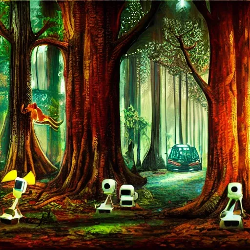 a realistic image of forest with a cyberpunk style city where live robotic squirrels, Oil Painting