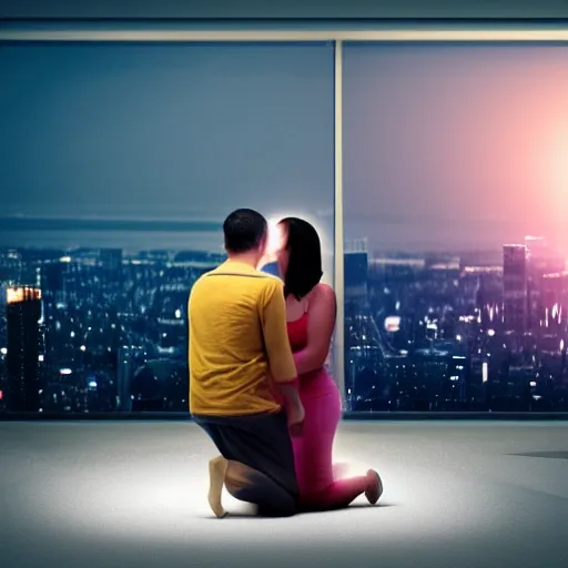 3d Render of a woman crying down on her knees while a man stands in the back looking at the horizon, set against a a big city at night, close-up, cinematic lighting, photorealistic, ultra realistic, hyper detailed, beautifully color graded, Unreal Engine5, Cinematic 8K