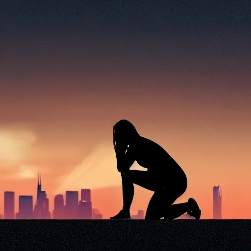 3d Render of a woman crying on her knees while a man stands in the back looking at the horizon, set against a a big city at night, close-up, cinematic lighting, photorealistic, ultra realistic, hyper detailed, beautifully color graded, Unreal Engine5, Cinematic 8K