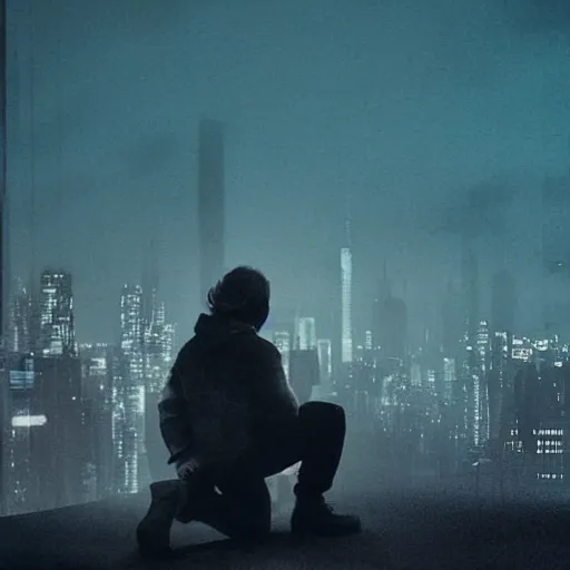 /imagine prompt:A woman crying on her knees while a man stands in the back looking at the horizon, set against a a big city at night, set characters in a dark kind of arkham look, cinematic light, photo realistic, ultra realistic, well detailed, beautifully color graded, 4K, masterpiece.