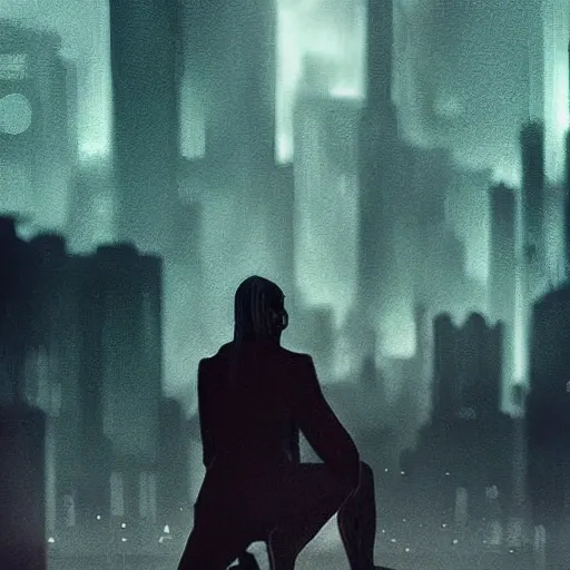 /imagine prompt:A woman crying on her knees while a man stands in the back looking at the horizon, set against a a big city at night, set characters in a dark kind of arkham look, cinematic light, photo realistic, ultra realistic, well detailed, beautifully color graded, UHD, avoid NSFW, masterpiece.