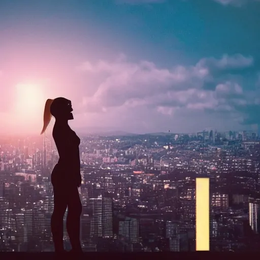 A woman crying on her knees while a man stands in the back looking at the horizon, set against a a big city at night, cinematic light, photo realistic, ultra realistic, well detailed, beautifully color graded, UHD, avoid NSFW, masterpiece.
