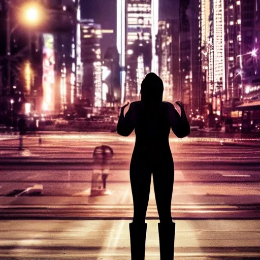 A woman crying on her knees and a man standing in the back looking at the opposite way than her, set against a a big city at night, cinematic light, photo realistic, ultra realistic, well detailed, beautifully color graded, UHD, avoid NSFW, masterpiece.