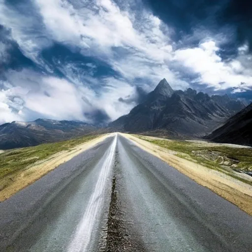 a road between mountains where the end is the start in the style of storm thorgerson