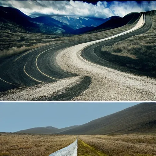 a road between mountains where the end is the start in the style of storm thorgerson