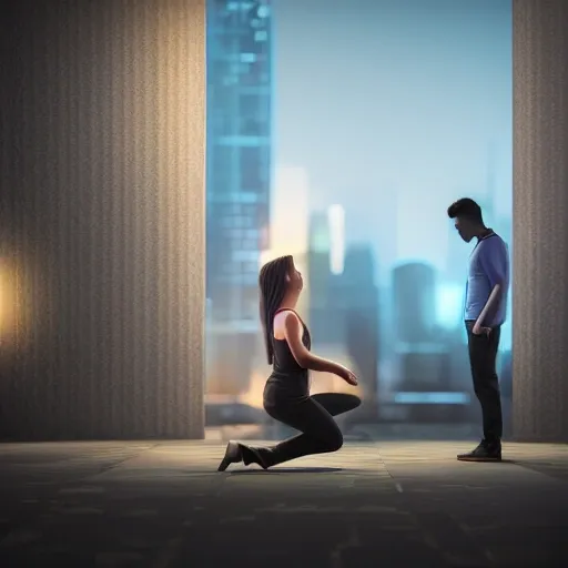 3d Render of a woman crying down on her knees while a man stands in the back looking at the horizon, set against a a big city at night, close-up, cinematic lighting, photorealistic, ultra realistic, hyper detailed, beautifully color graded, Unreal Engine5, Cinematic 8K, spectral