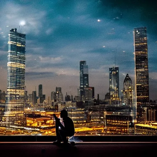 A woman crying down on her knees while a man stands in the back looking at the horizon, set against a a big city at night, cinematic lighting, hyper detailed, UHD, spectral