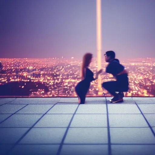 A woman crying down on her knees while a man stands in the back looking at the horizon, set against a a big city at night, cinematic lighting, photo detailed, UHD, spectral