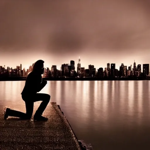 A woman crying down on her knees while a man stands in the back looking at the horizon, set against a a big city at night, cinematic lighting, spectral