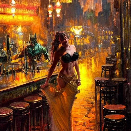 Dancer in a bar at night, painting by gaston bussiere, greg rutkowski, yoji shinkawa, yoshitaka amano, tsutomu nihei, donato giancola, tim hildebrandt, oil on canvas, trending on artstation, featured on pixiv, cinematic composition, extreme detail, metahuman creator

,(best quality:1.4), ((masterpiece)),((realistic)), (detailed),

Negative prompt: paintings, sketches, (worst quality:2.0),(normal quality:2.0), (low quality:2.0), lowres, ((monochrome)), ((grayscale))(monochrome:1.1), (shota:1.5), ((disfigured)), ((bad art)),((NSFW)), bad-hands-5,
Steps: 20, Sampler: DDIM, CFG scale: 7, Seed: 4141018083, Size: 512x768, Model hash: 32c4949218, Model: V08_V08, Denoising strength: 0.5, ENSD: 31337, Hires upscale: 2, Hires steps: 20, Hires upscaler: 4x-UltraSharp