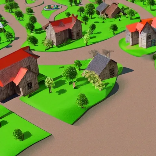 create a village with people movig in the pathways and house at the side and mountain at the background
, 3D