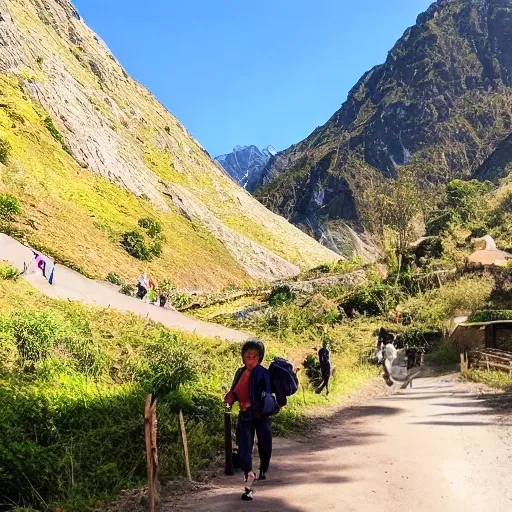 high defination village sceary where people are waking at side of the village pathway ,at a the background a beautiful mountain,high defination ,scenary
