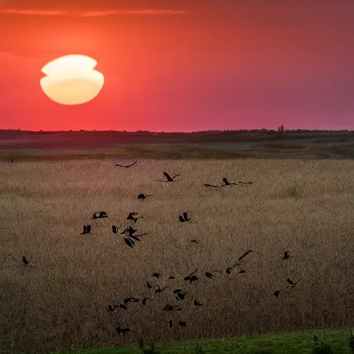 atardecer en la pradera y aves en el cielo