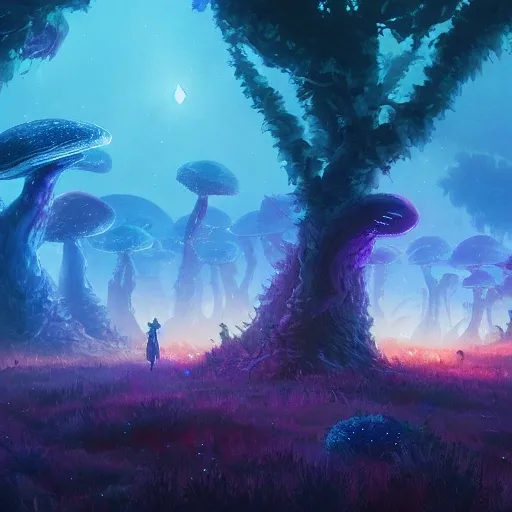 concept art painting of a fantasy alien fungal landscape at night, with glowing blue lights, glowing blue mushrooms, dark purple sky, realistic, detailed, cel shaded, in the style of makoto shinkai and greg rutkowski and albert bierstadt and james gurney 