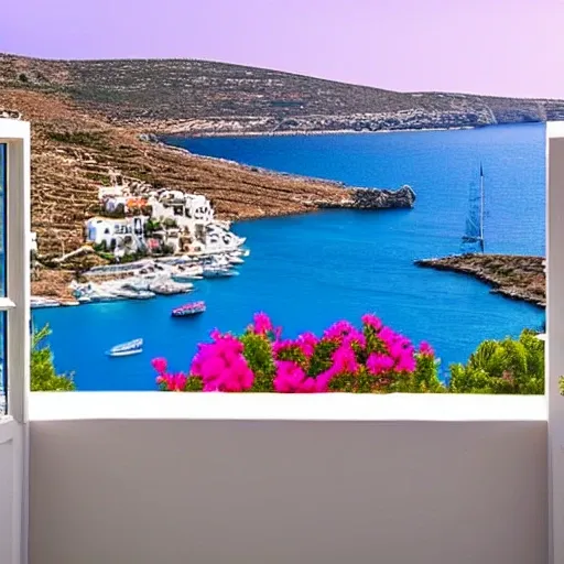 view from a window without showing the frame on a Greek island, looking at the blue sea in the early hours of the day, with boats on the water, white houses with blue roofs and doors on the sides of the island, some birds in the background in the sky, pink flowers
, 3D