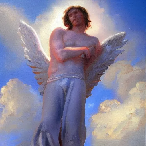 male angel, in the air, cloudy, light, prospect, Oil Painting