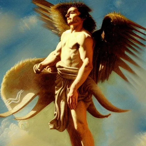 ancient battlefield，male angel, in the air, cloudy, light, prospect, Oil Painting