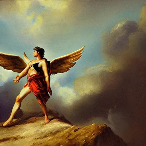 ancient battlefield，male angel, in the air, cloudy, light, prospect, Oil Painting