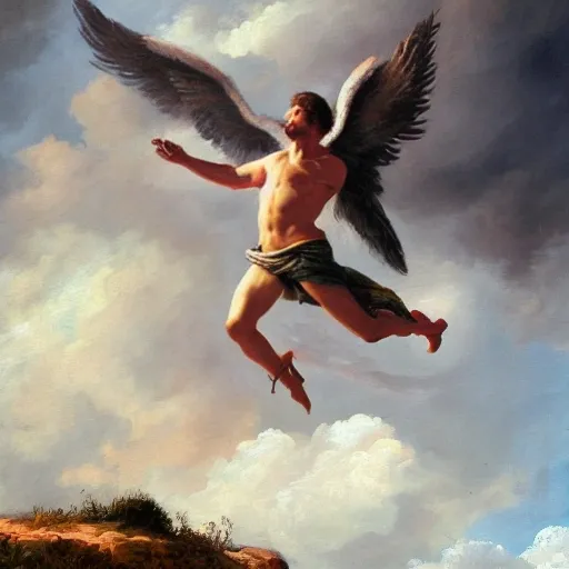 ancient battlefield，male angel, in the air, cloudy, light, prospect， hood, Oil Painting