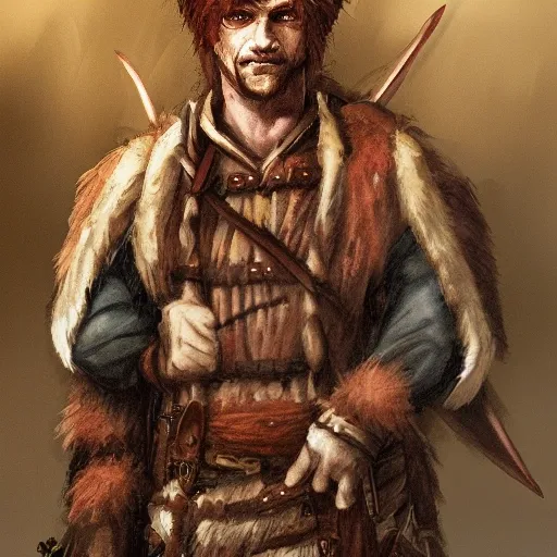 dnd portrait hunter ancient cowardly young redhead dressed in skins bushman (head in the middle of picture)