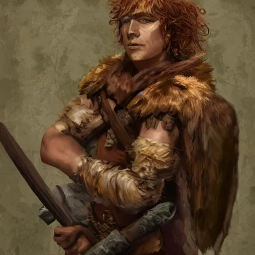 dnd portrait hunter ancient cowardly young redhead dressed in skins bushman (head in the middle of picture)