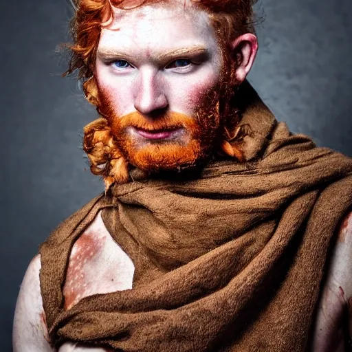 dnd portrait hunter ancient cowardly young redhead dressed in skins bushman (The composition should center around his head, highlighting his expression and conveying his vulnerable nature)