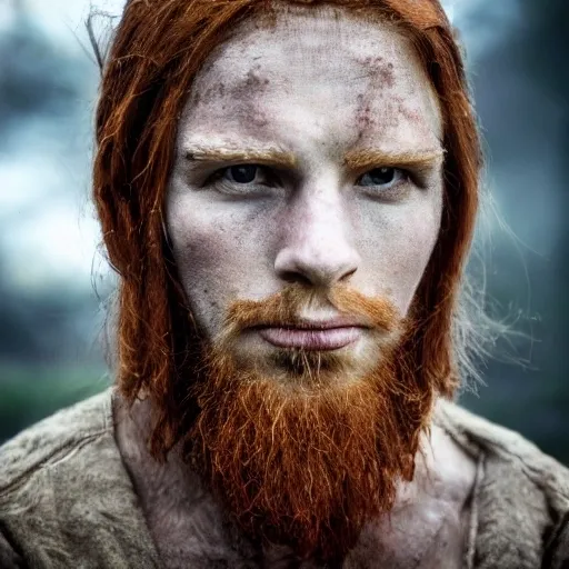 dnd portrait hunter ancient cowardly young redhead dressed in skins bushman (The composition should center around his head, highlighting his expression and conveying his vulnerable nature)