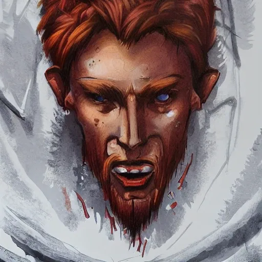 dnd portrait art hunter ancient cowardly young redhead dressed in skins bushman (The composition should center around his head, highlighting his expression and conveying his vulnerable nature)