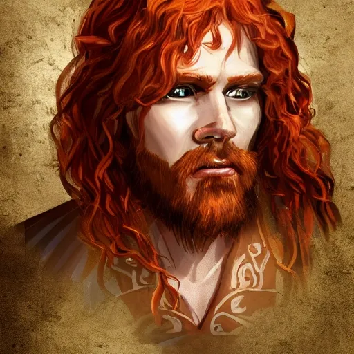 dnd portrait art hunter ancient cowardly young redhead dressed in skins bushman (The composition should center around his head, highlighting his expression and conveying his vulnerable nature)