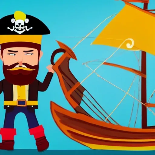 Draw Pirate with his beard and grumpy face, alongside his pirate ship. You can make the ship colorful and filled with fun details, such as brightly colored sails and a figurehead with a humorous expression.