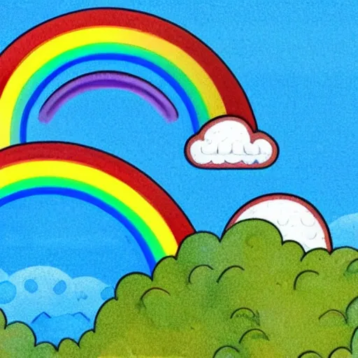 island with rainbow. They can be beings with unique shapes and colors, such as a smiling sun with multicolored rays, a fluffy cloud in pastel colors, or an animated rainbow with eyes and a mouth.