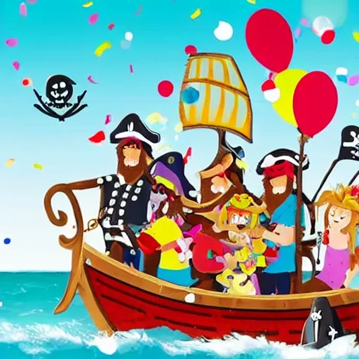 reate an image that represents the happy ending of the story, where Pirate and his crew return home with a cheerful attitude, sharing laughter and hugs. You can include other joyful pirates in the background and festive details like confetti and colorful balloons.