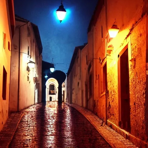 masterpiece, best quality, Balkan adriatic city at night, late autumn, almost empty streets, old town, herceg novi, kotor, trebinje, trippy, Concept Art, Beautiful Lighting, Melancholic, trending on Artstation