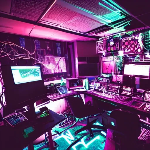 A programmer room with cyberpunk vibe, Trippy