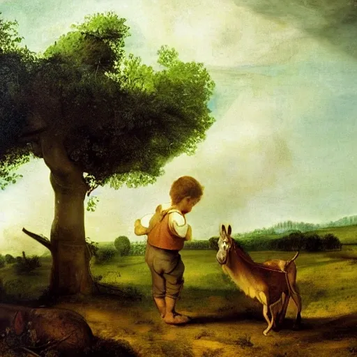 pintura al oleo de un niño y un burro en un campo arado sin sembrar, con arboles secos sin hojas, cielo tormentoso con iluminacion cinematografica y dramatica al estilo de rembrandt y caravaggio