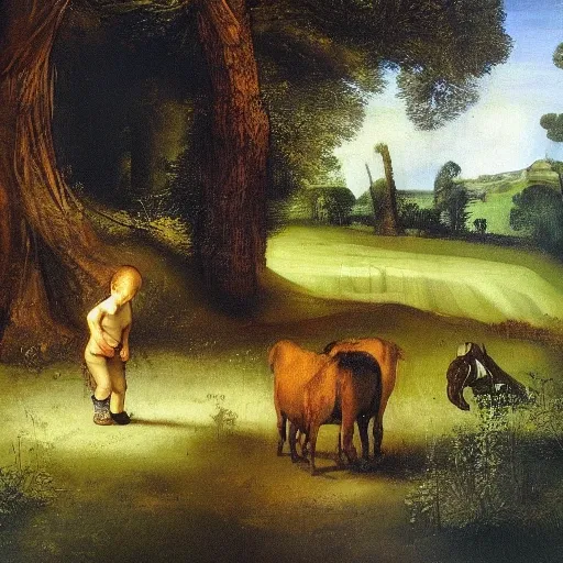 pintura al oleo de un niño y un burro en un campo arado sin sembrar, con arboles secos sin hojas, cielo tormentoso con iluminacion cinematografica y dramatica al estilo de rembrandt y caravaggio, Oil Painting