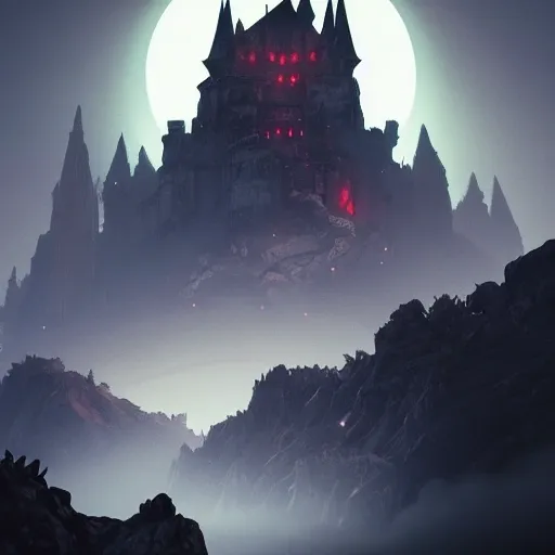 ruined castle Dracula perched on a very tall mountain cliff, full moon, dark and ominous, gothic, comic cover, Alphonse Mucha, James Jean, intricate detail, digital illustration, high resolution, trending on ArtStation, in the style of Charlie Bowater, Tom Bagshaw, and Waterhouse, Adam Hughes, Artgerm, J. C. Leyendecker, cinematic lighting, cinematic, headroom, 8K, trending on artstation, volumetric light, lightrays, cinematic, atmospheric, octane render