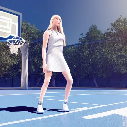 A young blonde queen standing at a basketball court wearing dior air jordon, atmospheric, photorealistic, octane render, unreal engine 5, , 3ds max +, vfx, ultra realistic, hyper detailed, ultra sharp lines --ar 9:16 --s 250 --s 250 