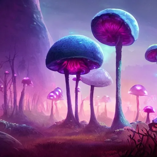 concept art painting of a fantasy alien fungal landscape at night, with glowing blue lights, glowing blue mushrooms, dark purple sky, realistic, detailed, cel shaded, in the style of makoto shinkai and greg rutkowski and albert bierstadt and james gurney , Water Color