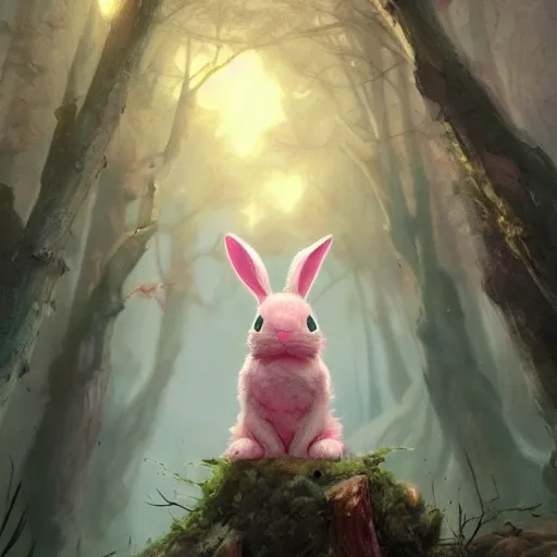 Pink cute bunny in a knitted hat, in the midst of flickering lights, a magical forest, lilac fog, wide angle, super highly detailed, professional digital painting, artstation, concept art, smooth, sharp focus, no blur, no dof, extreme illustration, Unreal Engine 5, Photorealism, HD quality, 8k resolution, cinema 4d, 3D, beautiful, cinematic, art by artgerm and greg rutkowski