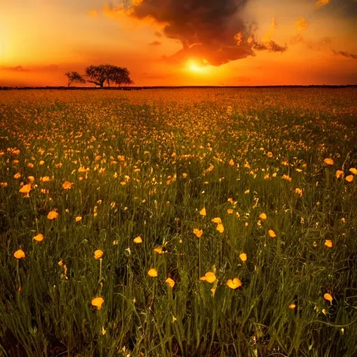 In the style of a fine-art photography, an image shows a field of flowers in the foreground with a dramatic sunset in the background. The image is perfect, with a flawless composition and stunning use of color. The lighting is warm and inviting, with a glow that creates a magical atmosphere. The image is refreshing and beautiful, capturing the essence of nature in all its glory.