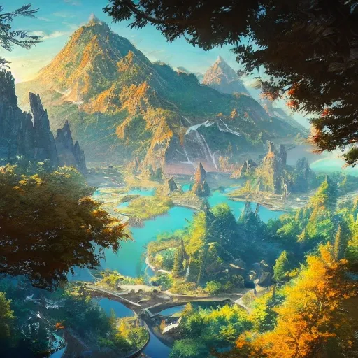 a birds eye view overlooking an ancient fantasy city surrounded by mountains and trees of greens and browns, rivers and lakes by Jordan Grimmer, Asher Brown Durand and Ryan Dening, 8k, artstation, beautiful color pallette