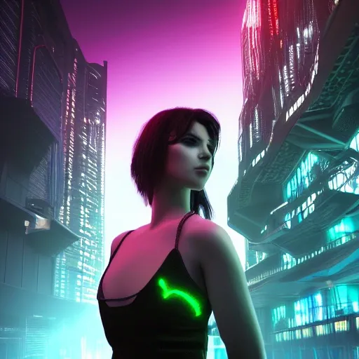 portrait of beautiful cyberpunk girl, looking into distance, gre ...