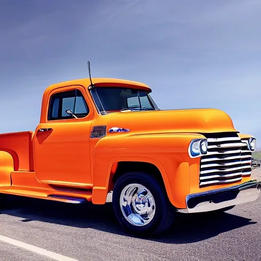 Truck of the year 50, Chevrolet, with a futuristic style, photograph taken by a professional, orange vehicle, with low suspension low rider style