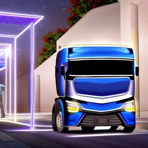 Crea una imagen de la camioneta anaranjada futurista estacionada en una calle en una metrópolis futurista. Los rascacielos deben reflejar la luz anaranjada del vehículo, proporcionando un contraste impresionante.
