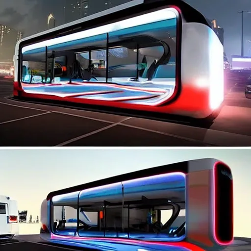 Crea una imagen de la camioneta anaranjada futurista estacionada en una calle en una metrópolis futurista. Los rascacielos deben reflejar la luz anaranjada del vehículo, proporcionando un contraste impresionante.
