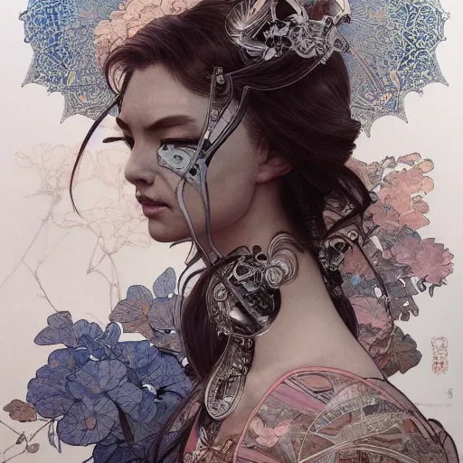 HD photo, above shoulder front facing portrait of a beauty cyborg, elegant realistic gravure idol, an ultrafine hyperdetailed by kim jung gi, Soey Milk , wlop, artgerm, greg rutkowski, alphonse mucha, intricate linework, bright colors, victorian, japanese tradition suit, ornate, dynamic, rich colors